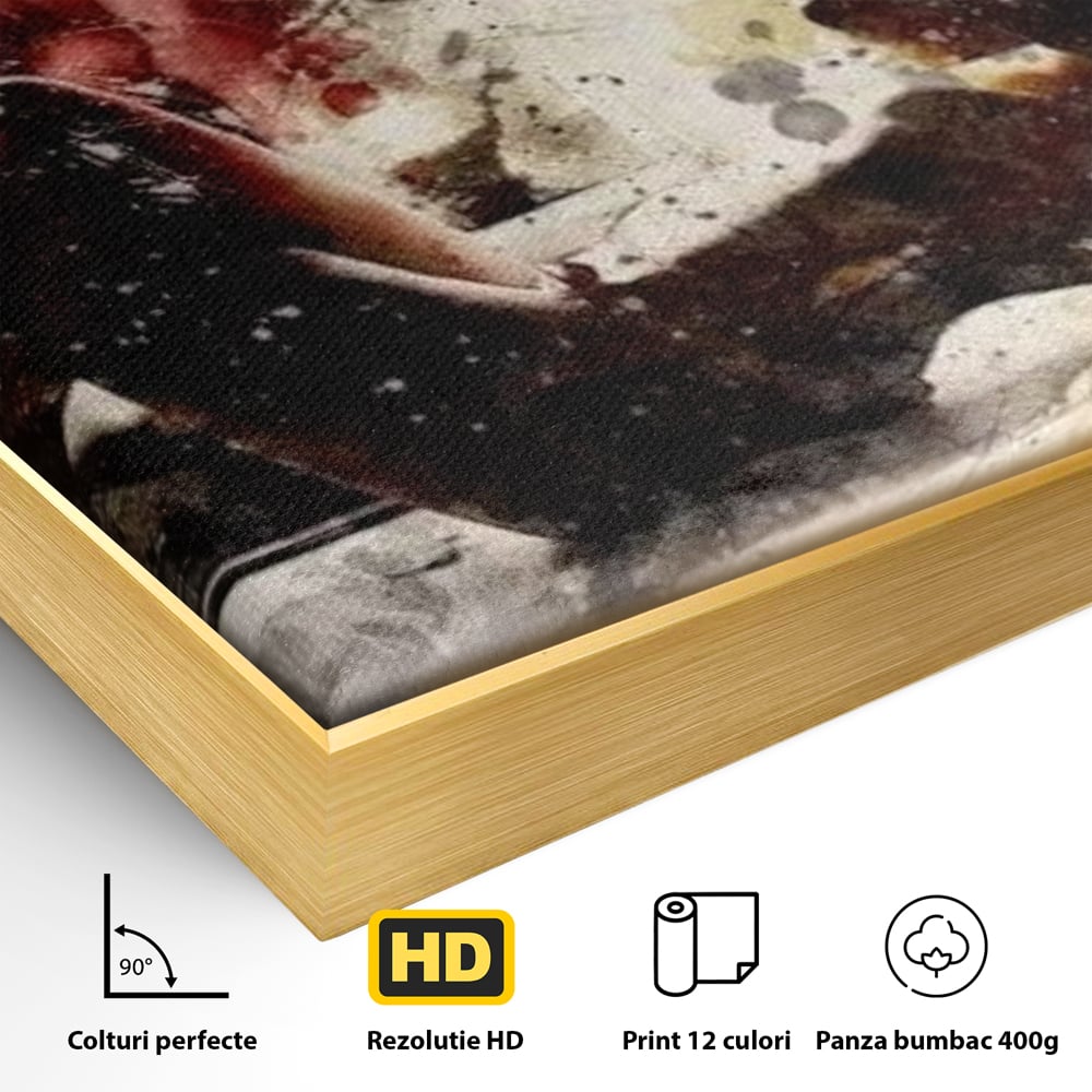Detaliu al suprafetei: tablou canvas cu silueta si trompeta, in rama de aluminiu auriu